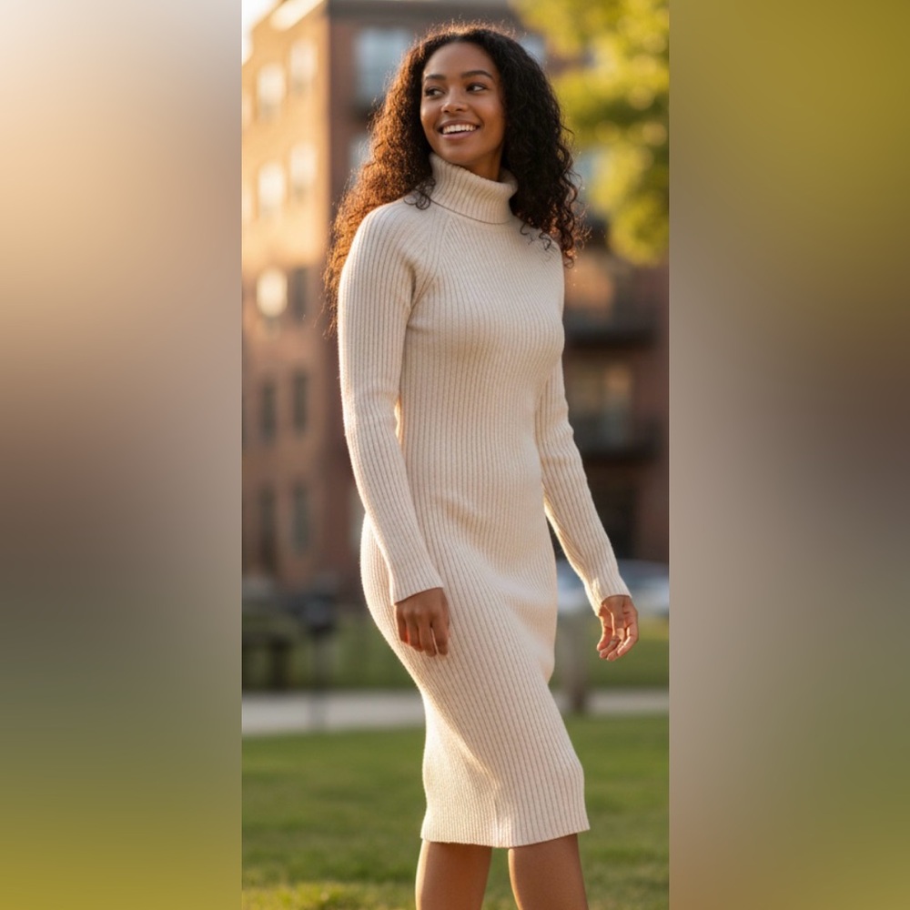 Beige Ribbed Turtleneck Sweater Dress